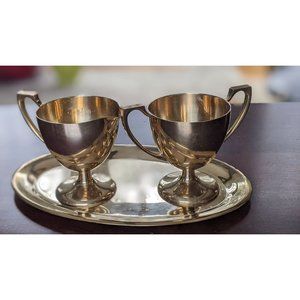 Vintage DIRILYTE 3 Piece Set Sugar, Creamer, Tray Art Deco Solid Bronze